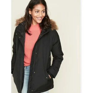 Old Navy Black Faux Fur Trim Hooded Parka Winter Jacket S